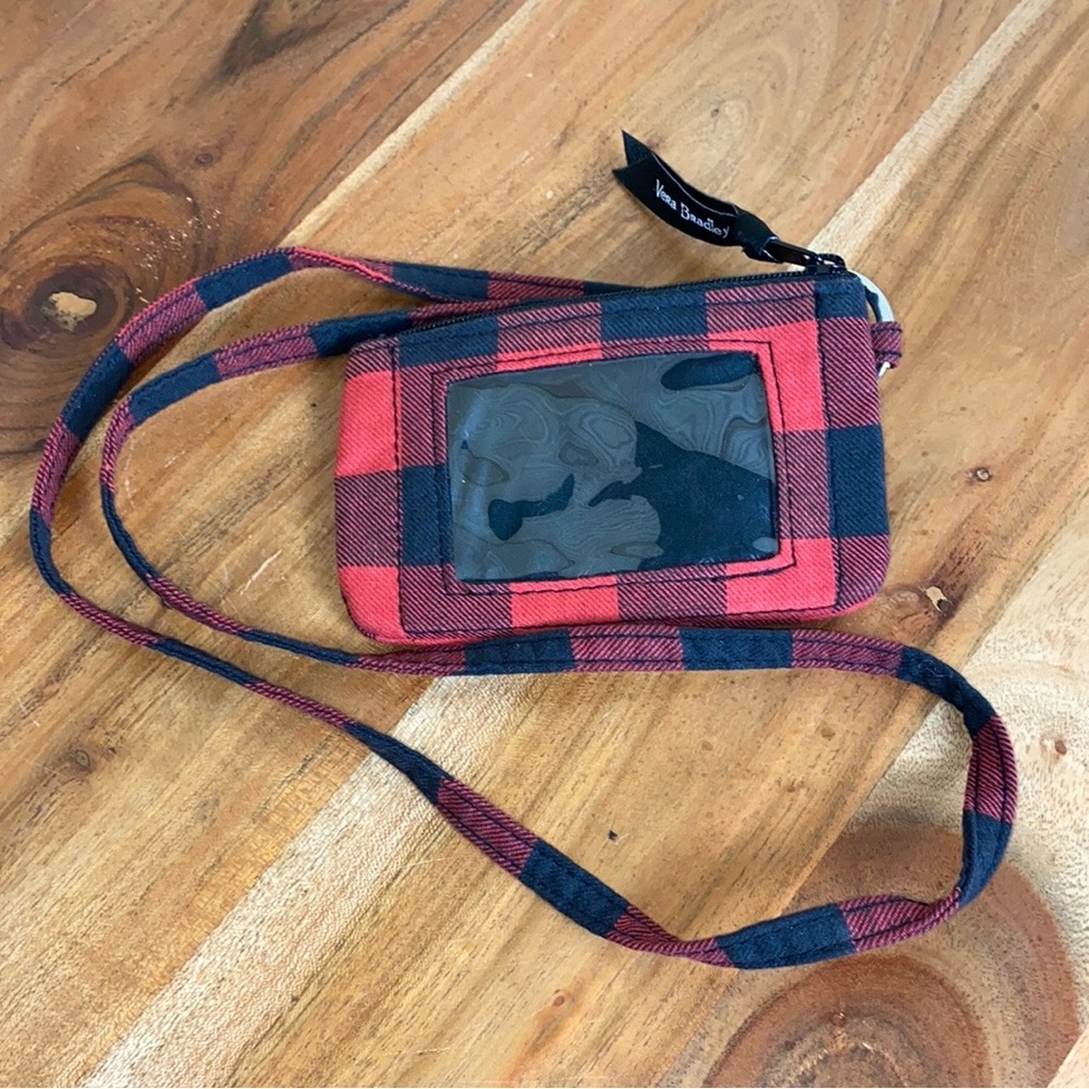 Vera Bradley Lanyard Zip ID Case Garnet Buffalo Plaid - Picture 2 of 2